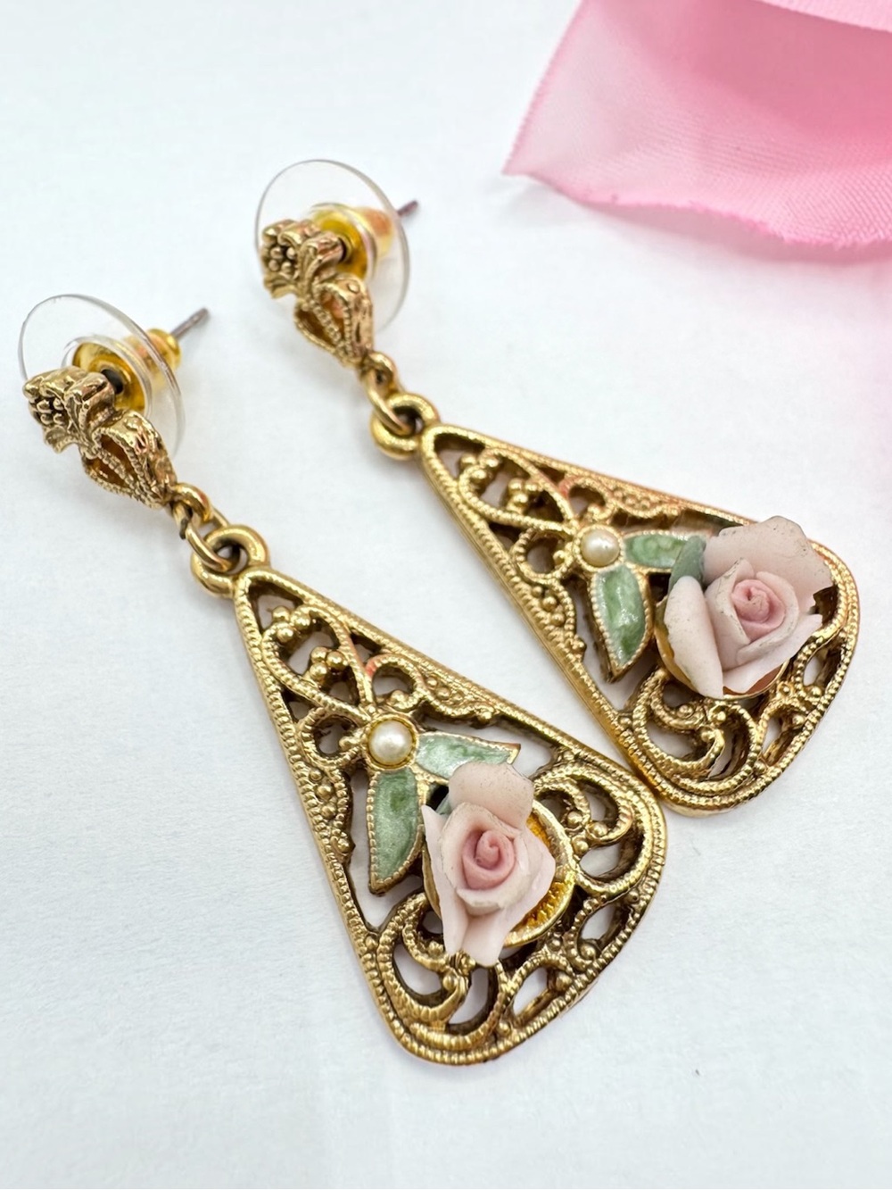 Vintage 1928 Bisque Ceramic Rose Filigree Drop Earrings Romantic Feminine Pretty